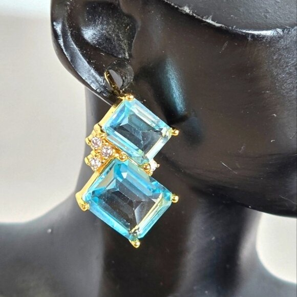 925 Sterling Silver Earrings 14K Gold Plated with Natural Topaz & CZ - Picture 2 of 7